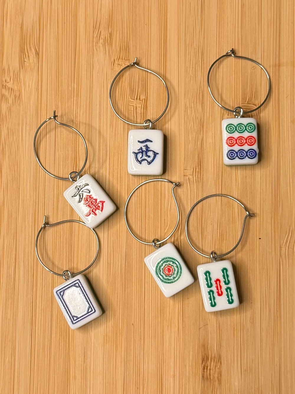 Mahjong Tile Wine Plastic Charms - Set of 6 Colorful Ceramic Tiles